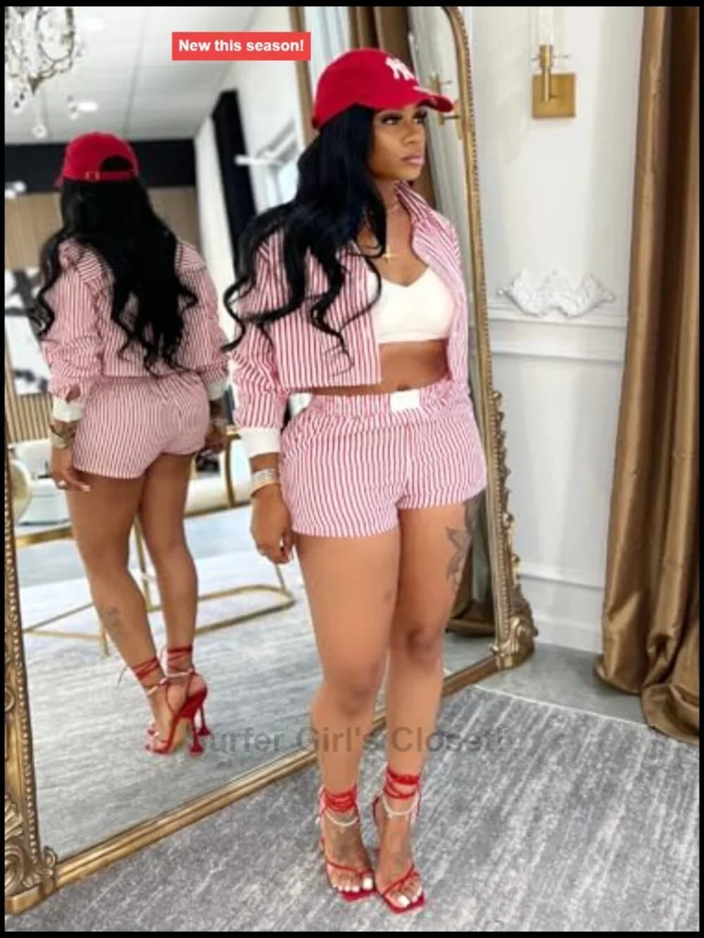 Striped 2 Piece Outfits Long Sleeve Button Down Shirt and Shorts Sporty Lounge